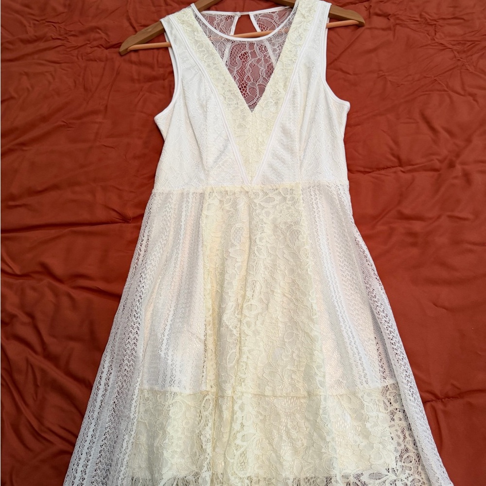 BCBG Ivory Lace Midi Dress with V-Detail